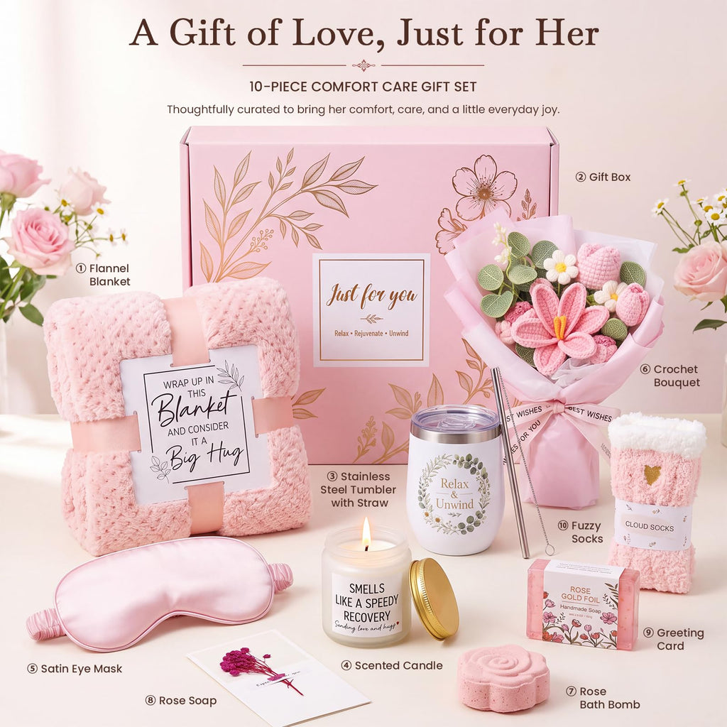 10 PCS Pink Gift Basket with Blanket, Tumbler & Crochet Flowers X8600