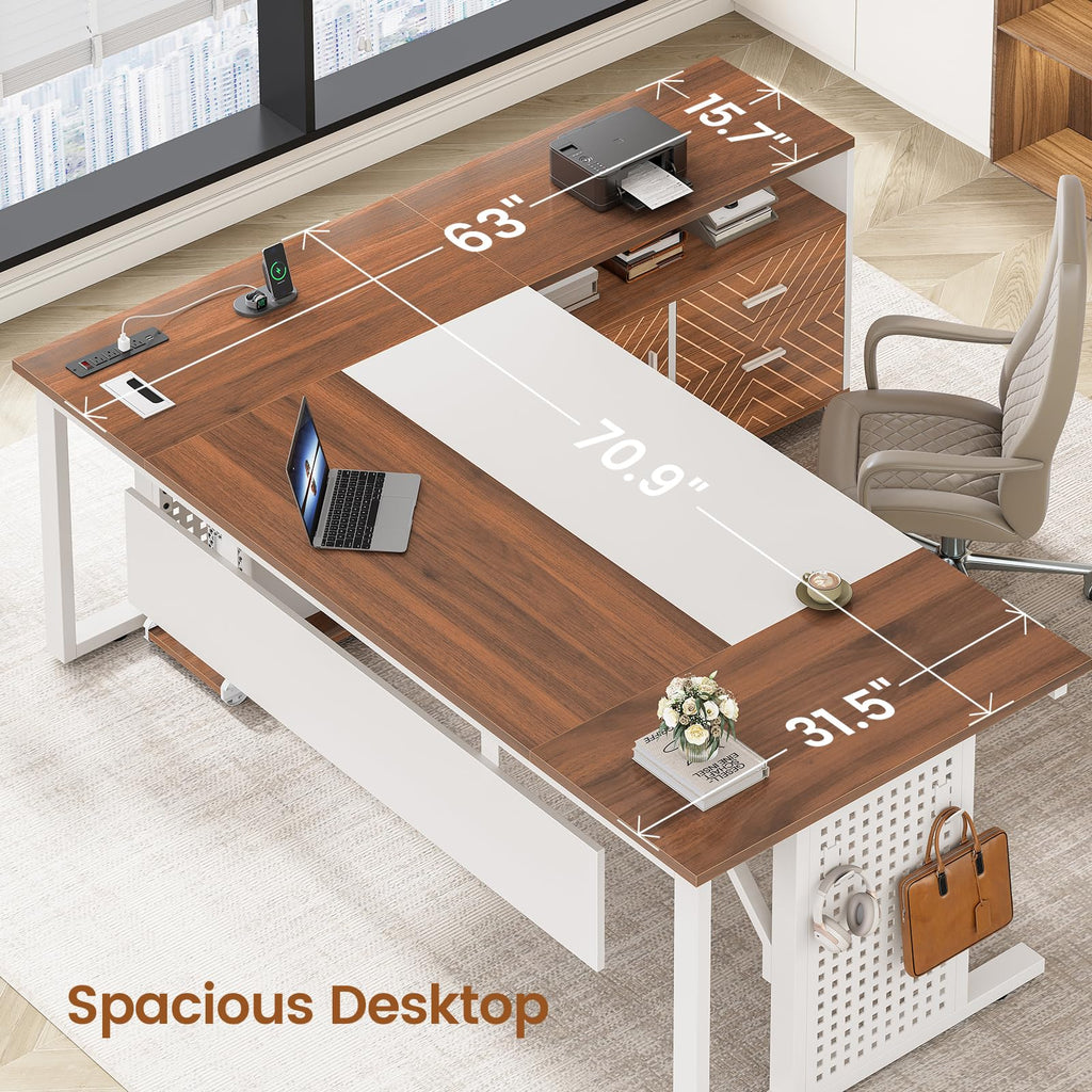 71" White L Shaped Computer Desk with Drawers Q24558