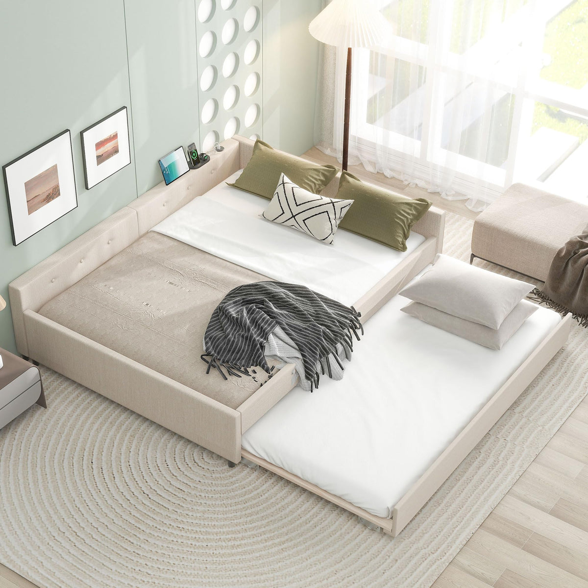 Queen Size Linen Fabric Upholstered Daybed with Trundle A3037