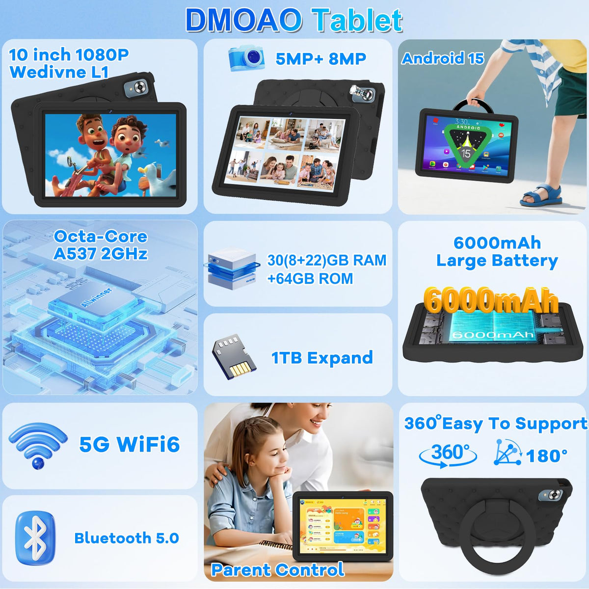 10.1 Inch Kids Tablet 64GB ROM Octa-Core Anti-Blue Light Screen Black S6369