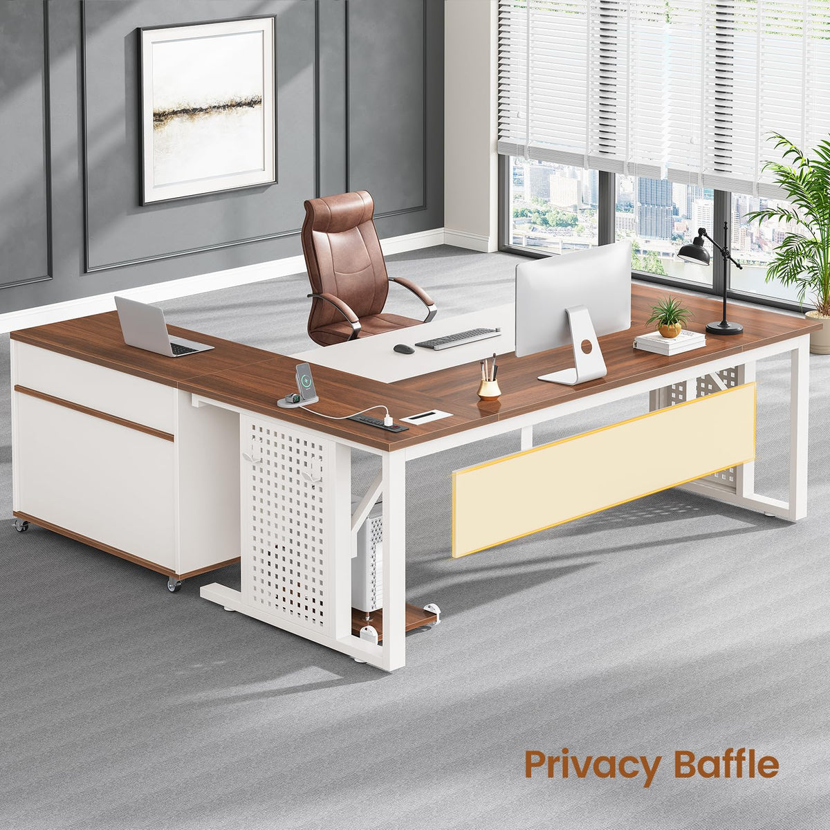 71" White L Shaped Computer Desk with Drawers Q24558