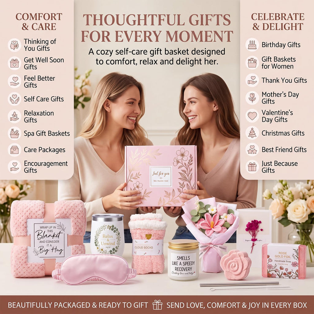 10 PCS Pink Gift Basket with Blanket, Tumbler & Crochet Flowers X8600