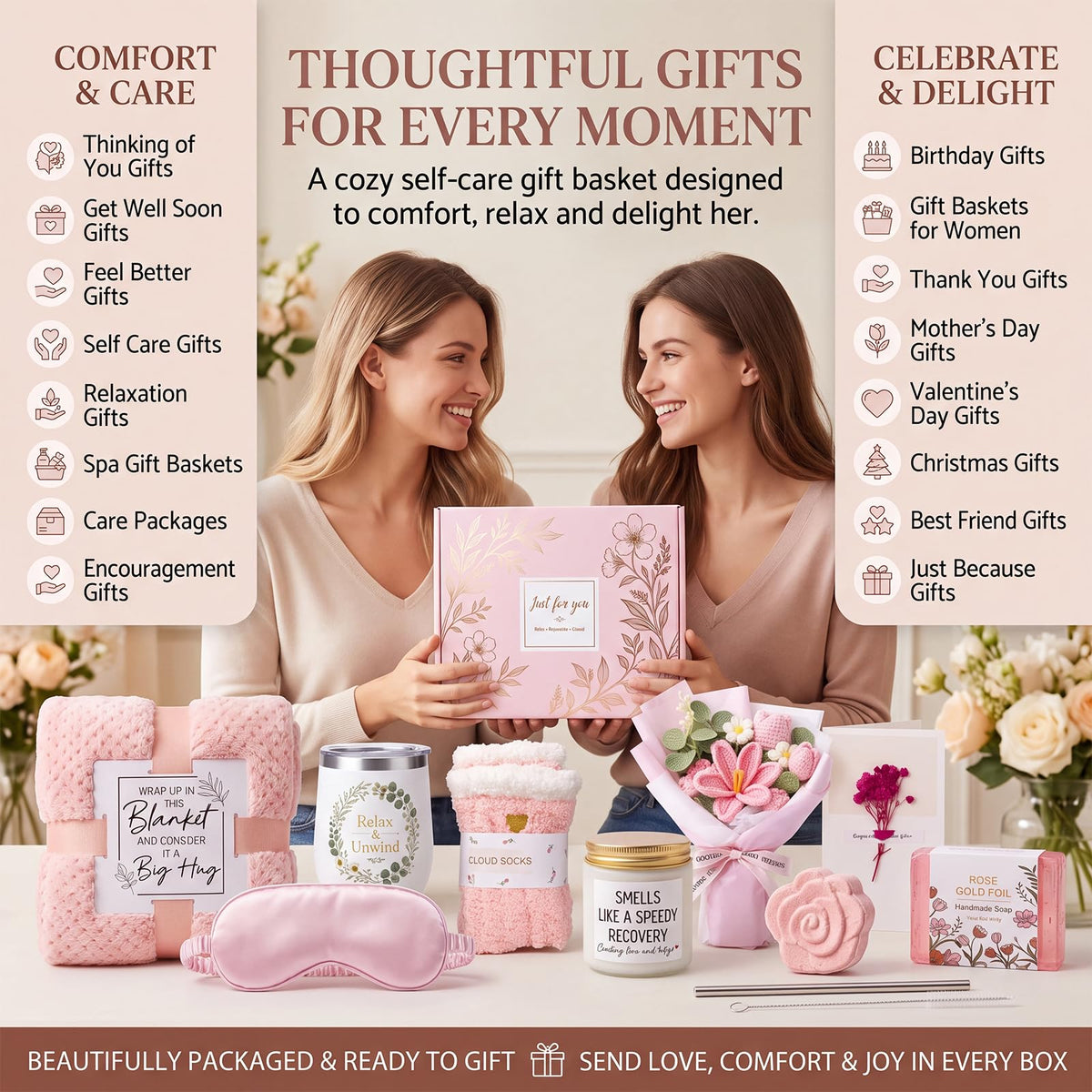 10 PCS Pink Gift Basket with Blanket, Tumbler & Crochet Flowers X8600