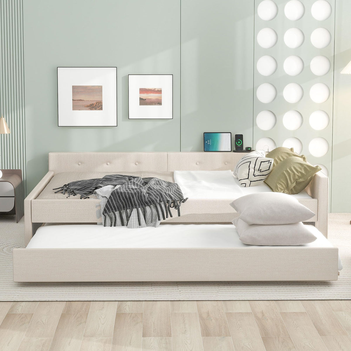 Queen Size Linen Fabric Upholstered Daybed with Trundle A3037