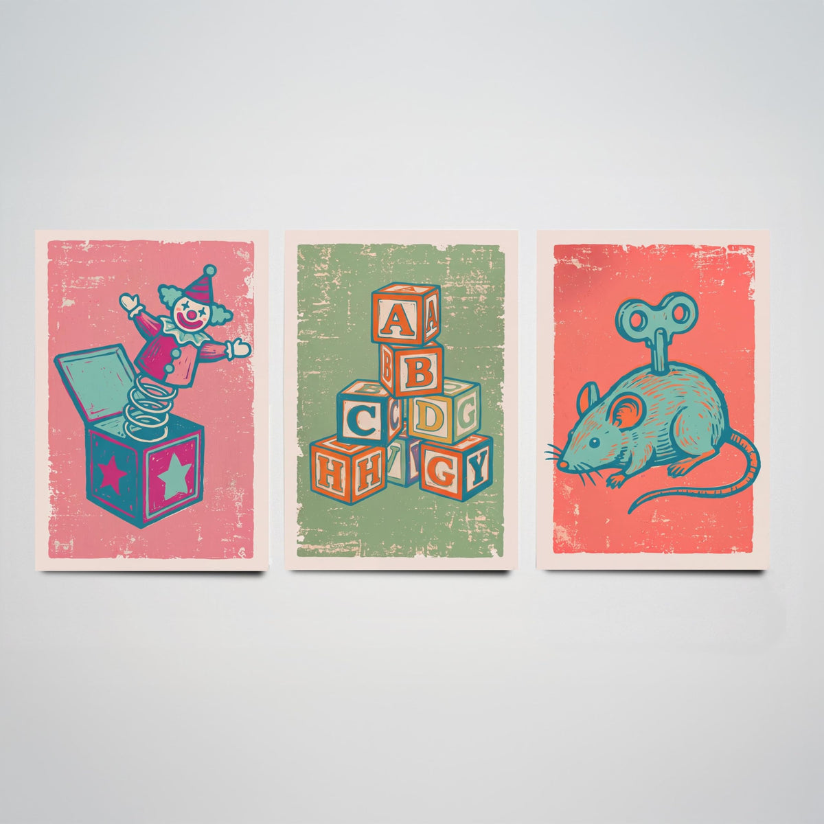 Art Prints Set of 3 Retro Linocut Style H9267