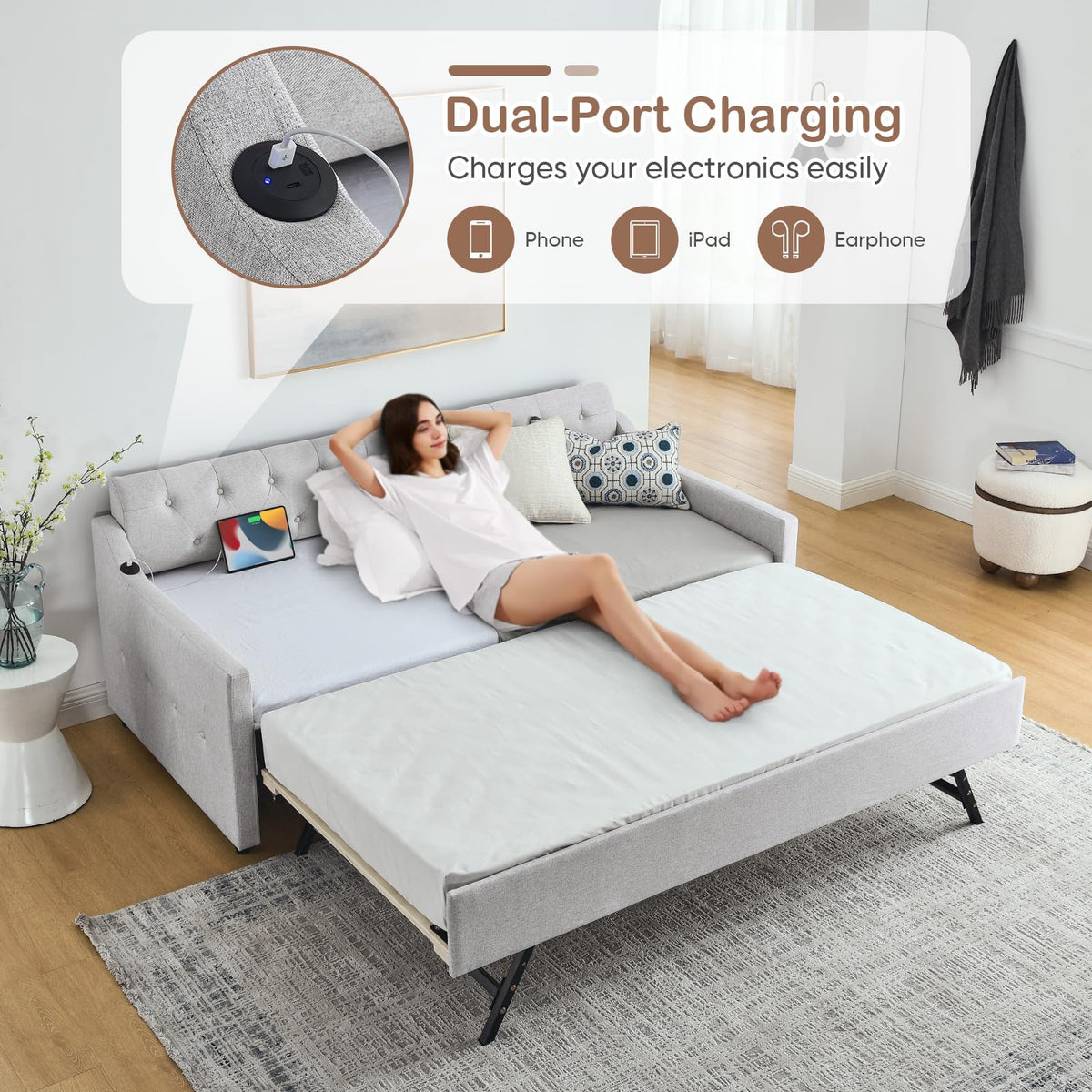 Beige Linen Upholstered Daybed with Pop Up Trundle Q931481