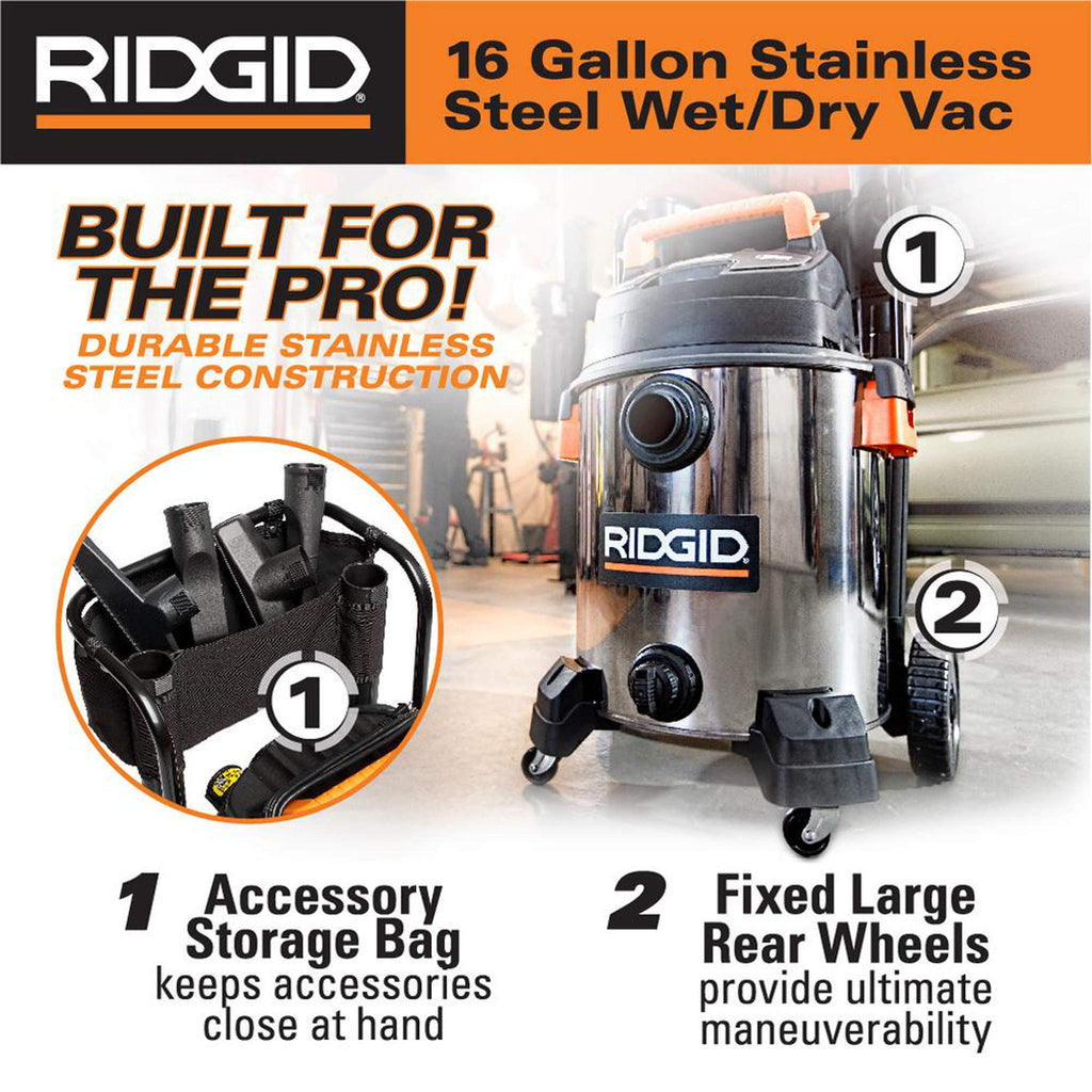 16 Gallon 6.5 Peak HP Stainless Steel Wet Dry Shop Vacuum H345