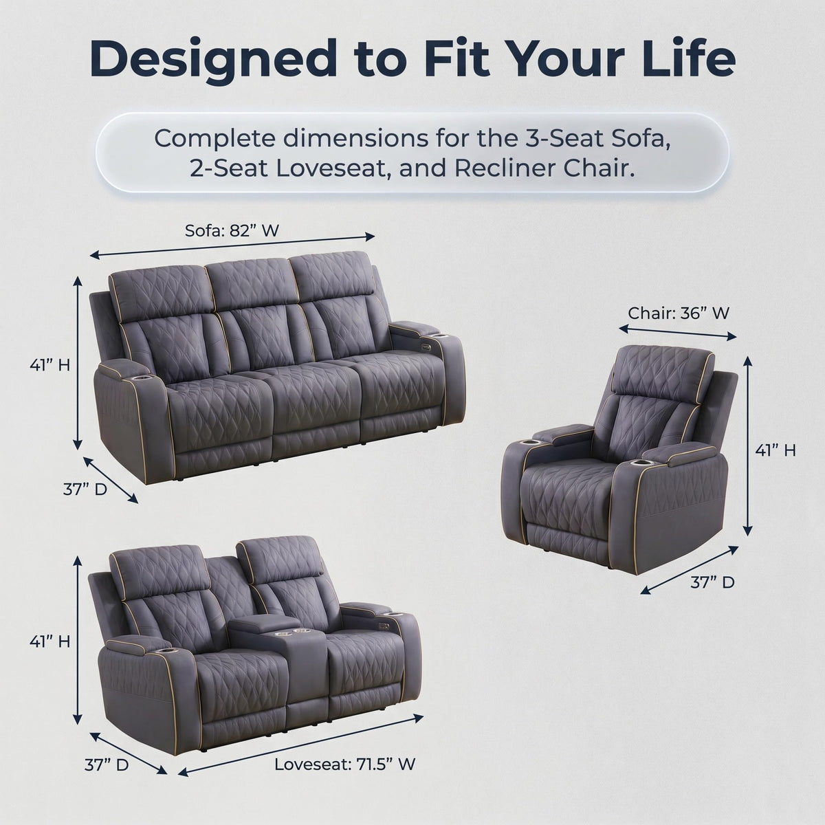 3 Piece Leather Power Recliner Sofa Set with LED Lights L837