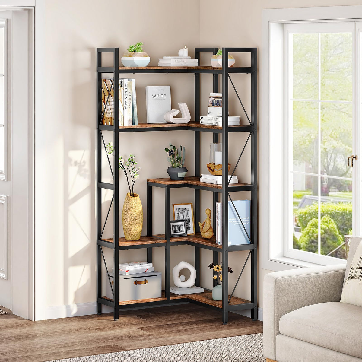 5-Tier L-Shaped Corner Bookshelf with Metal Frame M11844