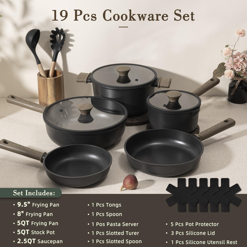 19 Pcs Non Stick Black Titanium Cookware Set P898456