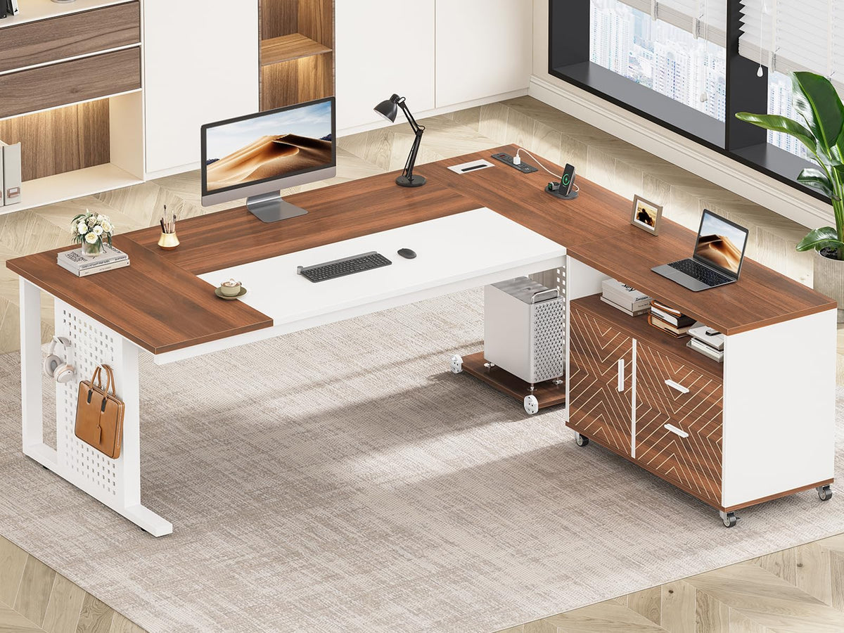 71" White L Shaped Computer Desk with Drawers Q24558