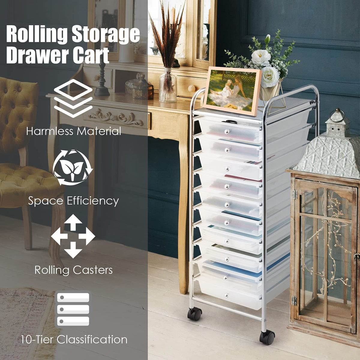 10 Drawer Multicolor Rolling Storage Cart D9728