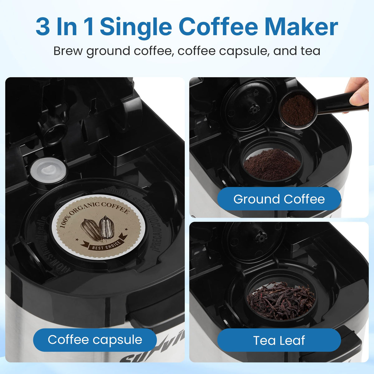 3-in-1 Single Serve Coffee Maker with Removable Water Reservoir, Black S248