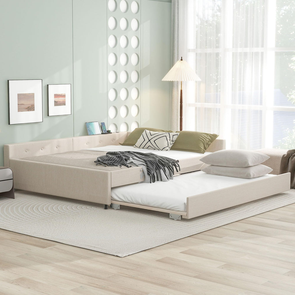 Queen Size Linen Fabric Upholstered Daybed with Trundle A3037