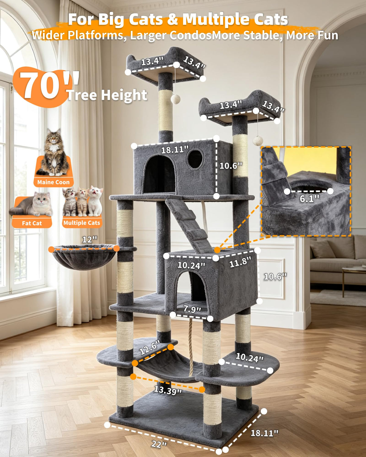 70" Cat Tree with 2 Condos and Wide Perches, Gray A758113