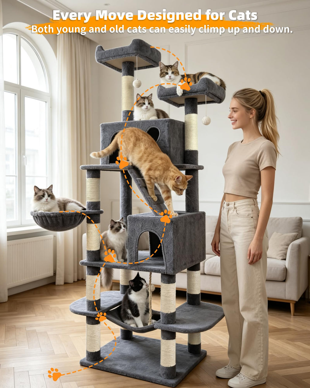 70" Cat Tree with 2 Condos and Wide Perches, Gray A758113