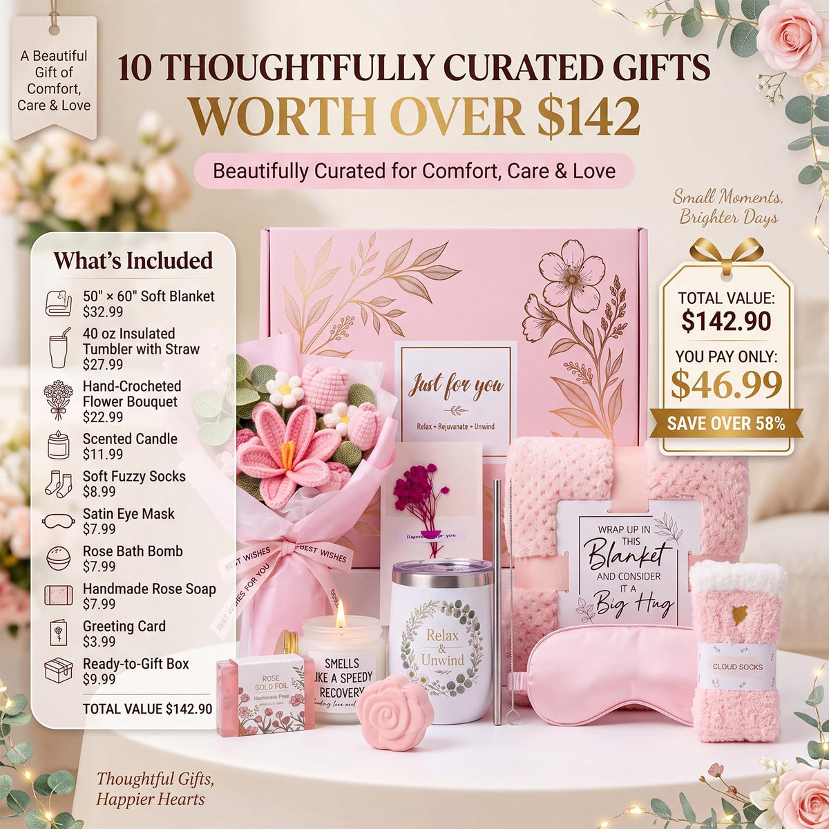 10 PCS Pink Gift Basket with Blanket, Tumbler & Crochet Flowers X8600