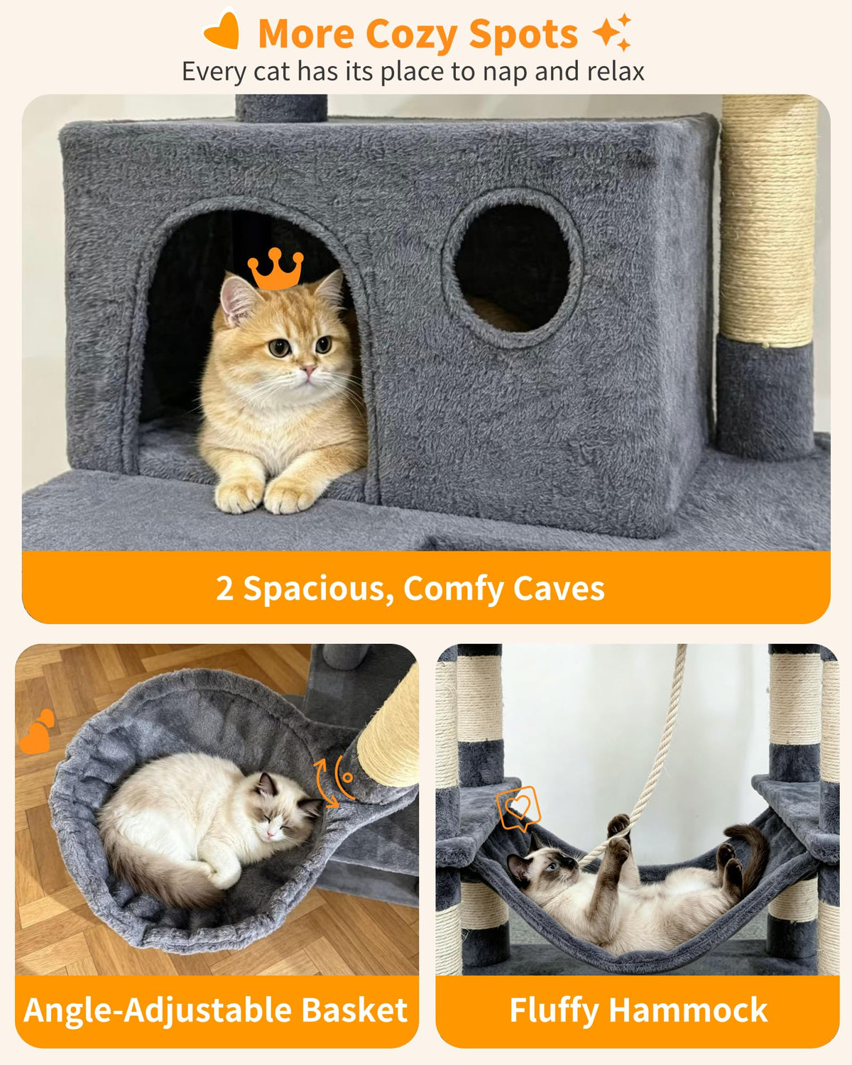70" Cat Tree with 2 Condos and Wide Perches, Gray A758113
