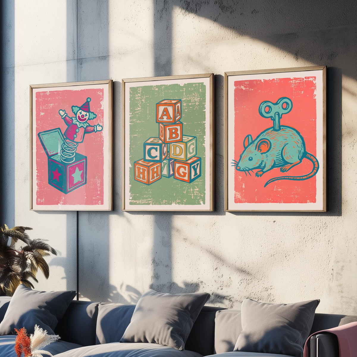 Art Prints Set of 3 Retro Linocut Style H9267