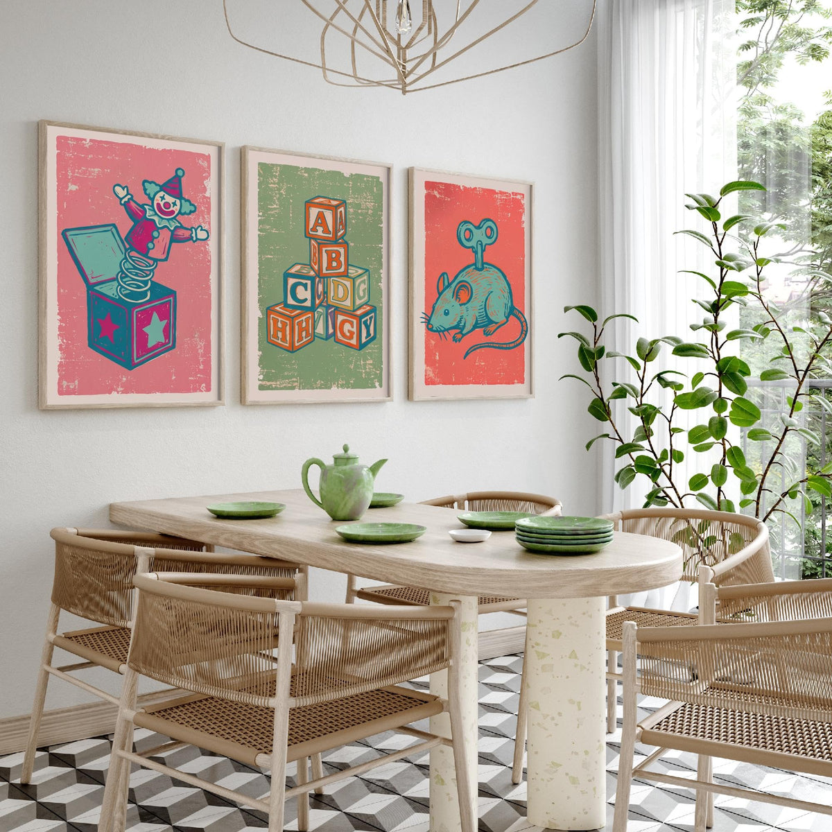 Art Prints Set of 3 Retro Linocut Style H9267