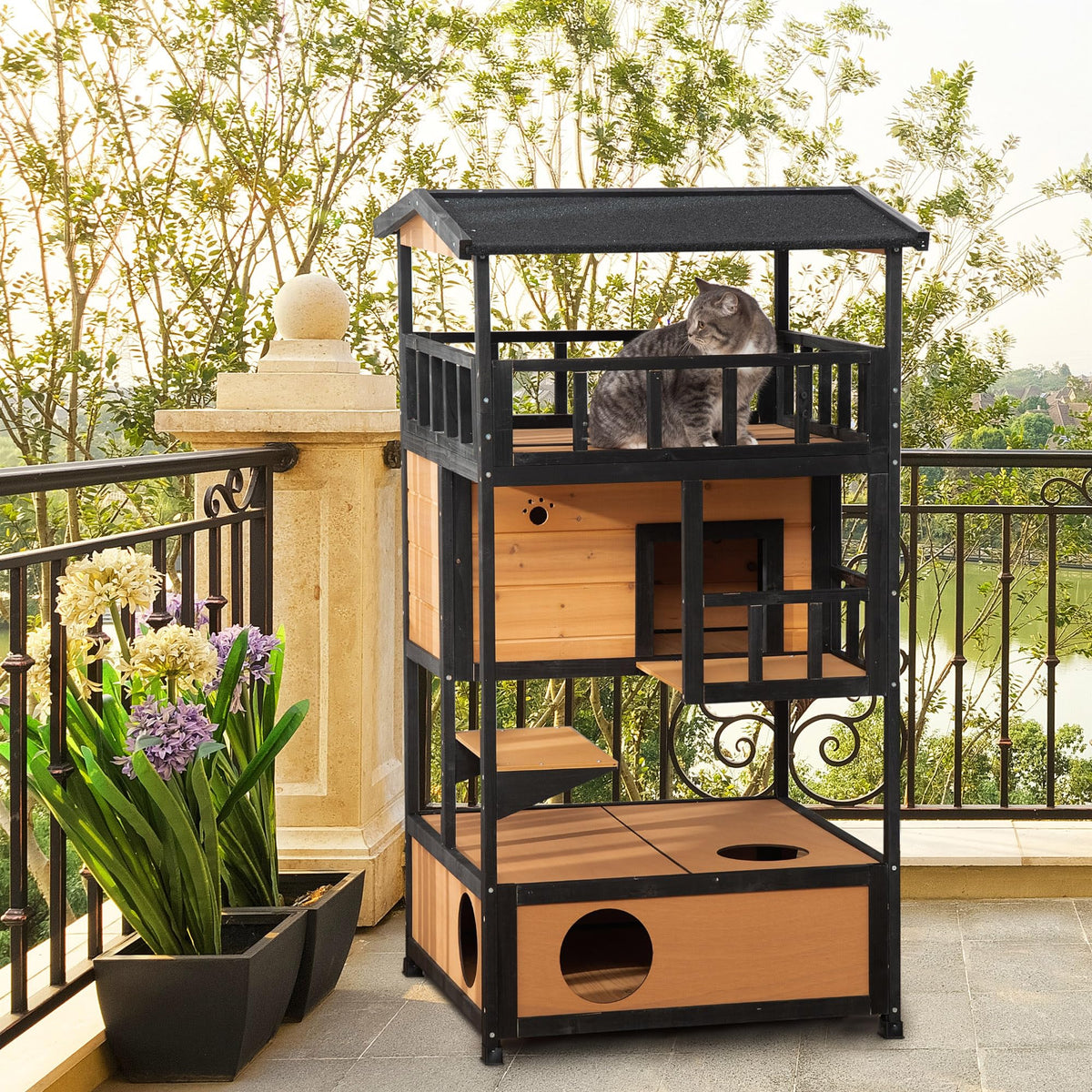 3-Story Wooden Outdoor Cat House with Raised Floor C5923